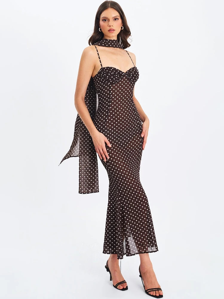 Polka Dot Backless Sexy Maxi Dress Women Elegant Sweetheart Neck Spaghetti Strap Sleeveless Bodycon Club Party Dresses