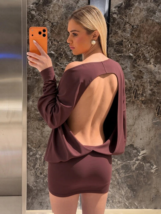 Backless Dress Women Slash Neck Full Sleeve Skinny Solid Simple Classic High Elasticity Fashion Party Street Mini Bodycon