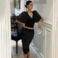 White Mesh Two Piece Set Draped V-neck Batwing Top and Ruched Midi Skirt Sexy Party Outfits for Woman