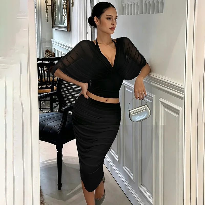 White Mesh Two Piece Set Draped V-neck Batwing Top and Ruched Midi Skirt Sexy Party Outfits for Woman