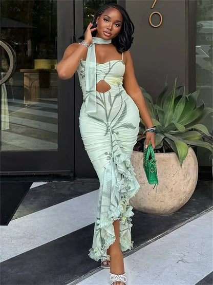 Floral Print Sling Dress+Mesh Scarf Women Sexy Hollow Sleeveless Wrap Buttocks Ruffle Hem Ruched Elegant Long Bodycon