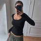 Scoop Neck Long Sleeve T Shirt Solid Color Basics Tees Autumn Winter Clothes Ladies Tops New Arrival 2023