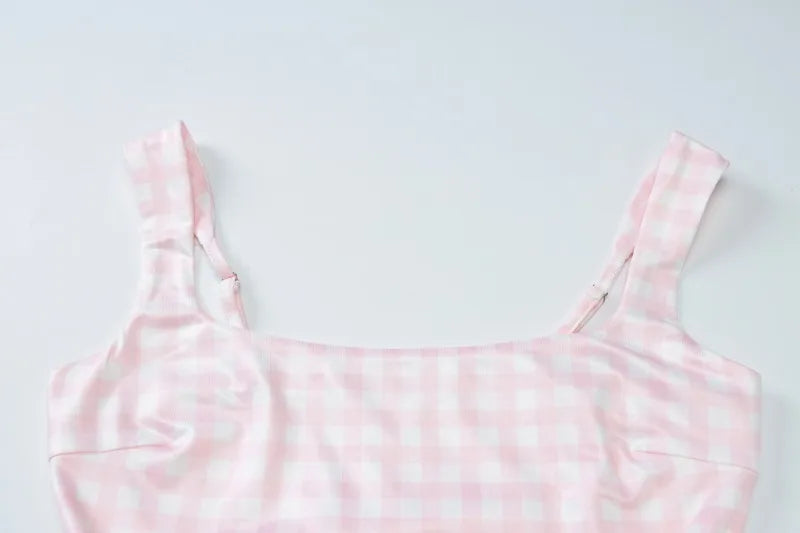 Square Neck Sleeveless Backless A-line Long Dresses Princess Style Pink Plaid Dress Summer Elegant