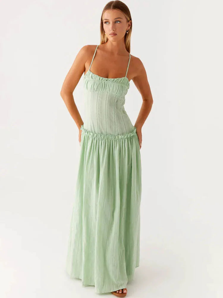 Elegant Spaghetti Strap Sexy Maxi Dress Women Gown Fashion Off-shoulder Sleeveless Backless Pleated Club Long Dresses