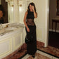 Sexy Summer Hollow Backless Sleeveless Maxi Dress Lace Mesh Splicing Black Party Evening Dresses Woman Elegant