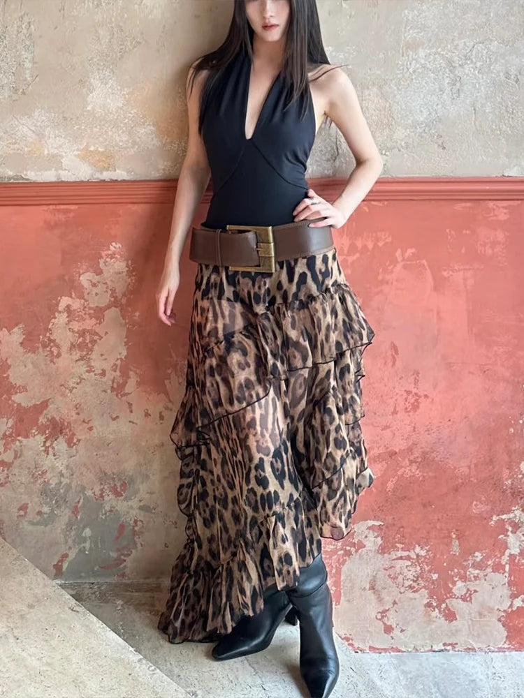 Ruched Tierred Long Skirts Women Leopard Print High Waist Stretch Bottoms Spicy Girls Fashion Trend Wild Streetwear