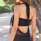 Halter Neck Mesh Top for Women with Gold Buckle Draped Cowl Neck Sheer Cropped Sleeveless Backless Party Top