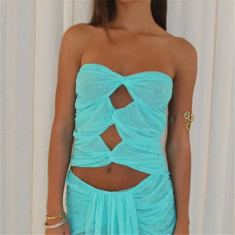 Women Rhinestones Tube Tops Shimmer Twist Cutout Ruched Off-Shoulder Bandeau Backless Shirts Summer Y2K Streetwear