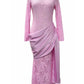 Women High Neck Long Sleeve Lace Sexy Maxi Dress Satin Drape Side Split Formal Evening Party Gown Wedding Guest Dress