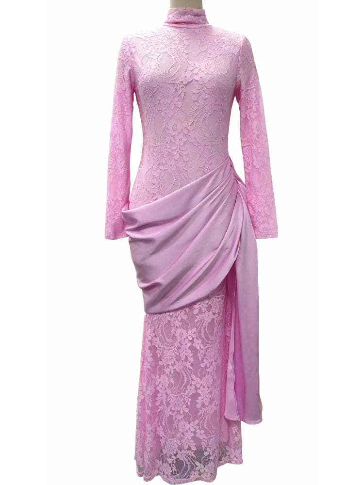 Women High Neck Long Sleeve Lace Sexy Maxi Dress Satin Drape Side Split Formal Evening Party Gown Wedding Guest Dress