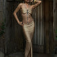 Pearl Metal Ring Chain Halter Dress Women Folds Summer Fashion Backless Ruched Hollow High Slit Beach Party Vestidos