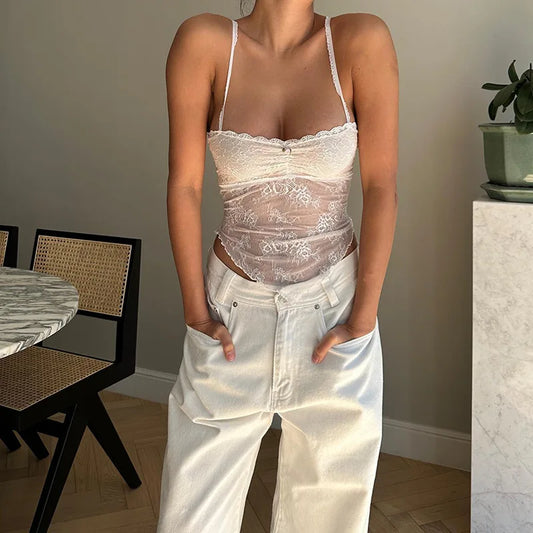 White Lace Camisole Sexy See Through Low Cut Backless Crop Top Summer Clothes Women 2024 Spaghetti Strap Tops