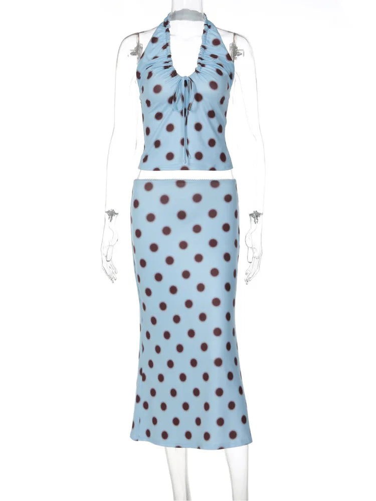 Polka Dot Halter Top And Skirt Set Women Blue Drawstring Ruched Two Piece Midi Dress Sleeveless Backless Dress Set