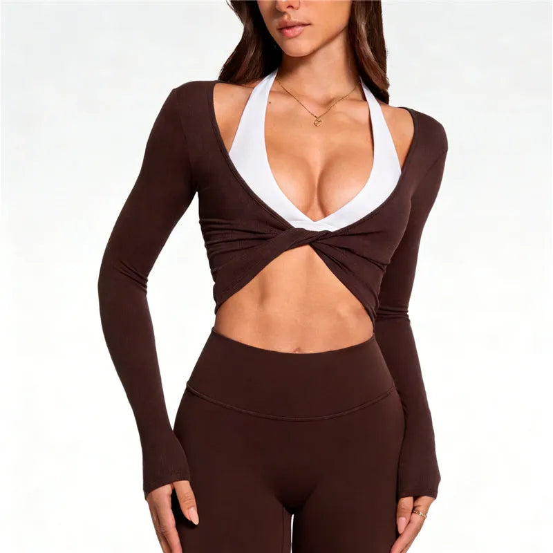 Womens Workout Tops Long Sleeve Deep V Neck Solid Color Twist Front Slim Fit Cropped Shirts for Gym Yoga Ballet Pilates