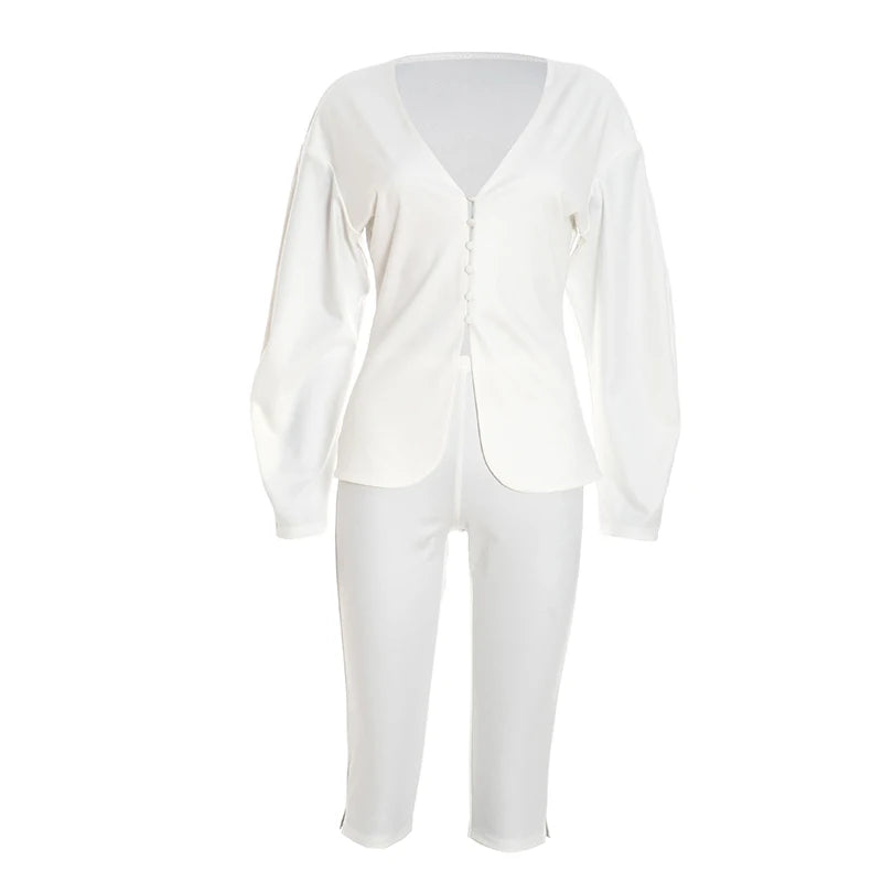 Elegant Blazer 2-Piece Set Women Single Breasted Jacket+Calf Pants Matching Simple Solid Office Commute Slim Outfits