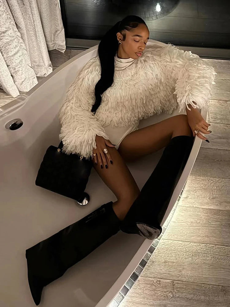 Street Fashion 2 Piece Set Woman o-Neck Full Sleeve Furry Tassel Sweater+Turtleneck Skinny Romper Causal Elegant Outfits