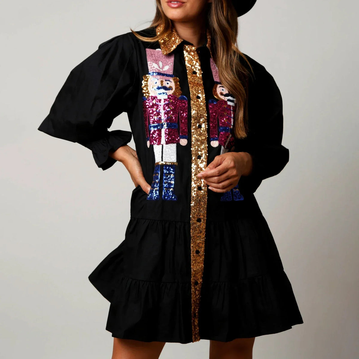 Womens Christmas Sequin Nutcracker Dress Long Sleeve Tiered Glitter Nutcracker Print Holiday Mini Shirt Dresses