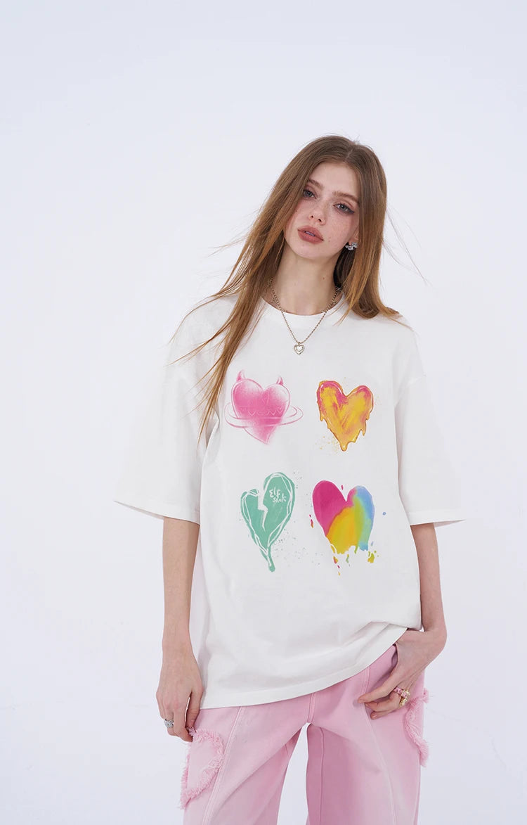 Women's Oversized T-Shirt with Colorful Heart Graffiti, Artistic Liquid Heart Print Tee for Summer, Chic Casual Cotton T