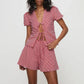 Women Summer Outfits Loose Fit Casual Bow Tie Front Plaid Pattern Short Sleeve V Neck Tops + Wide Leg Shorts 2 Pcs Set