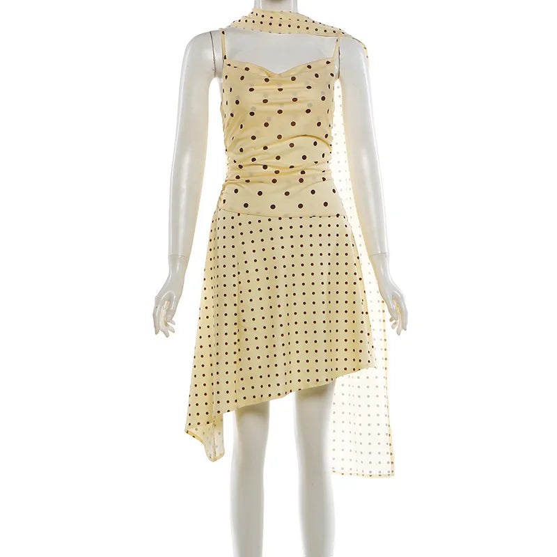 Yellow Polka Dot Summer Dresses Women's Casual Asymmetrical Sleeveless Mini Dress with Scarf