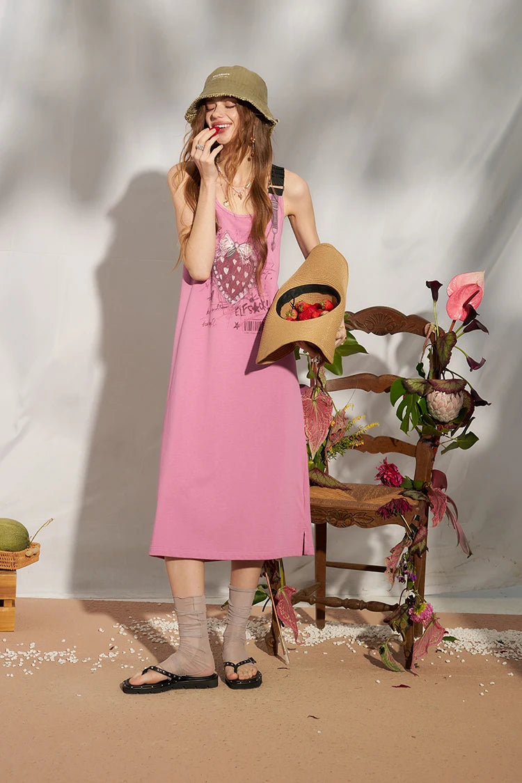 Strawberry Graffiti Print Punk Overall Dress, A-Line Sleeveless Streetwear Midi Dress, Y2K Sweet Grunge