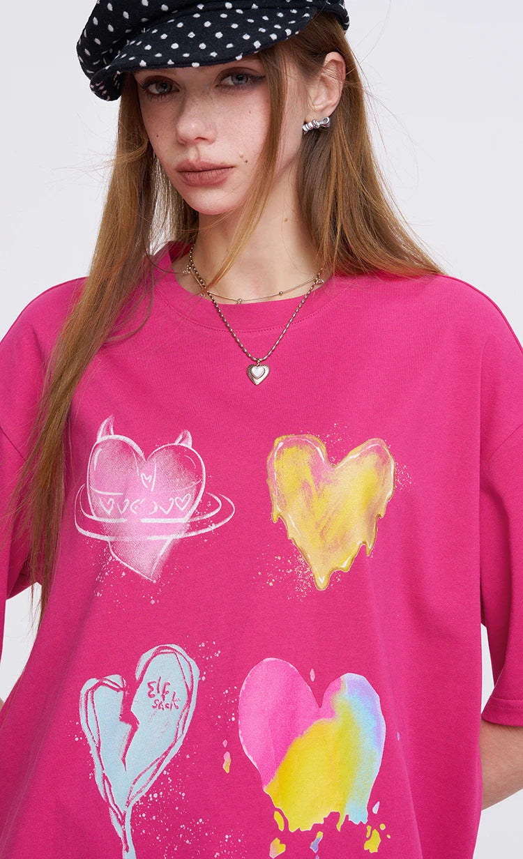 Women's Oversized T-Shirt with Colorful Heart Graffiti, Artistic Liquid Heart Print Tee for Summer, Chic Casual Cotton T