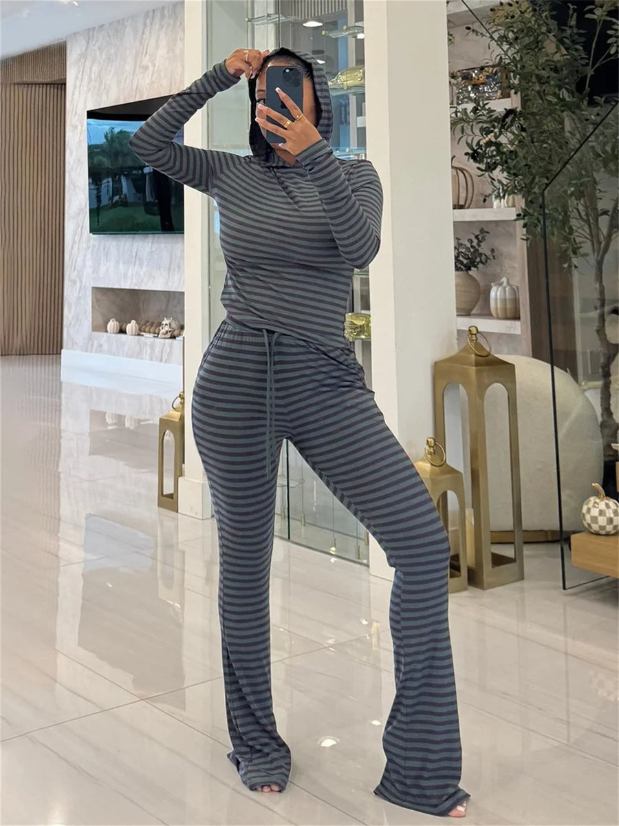Striped Print 2 Piece Set Women Trend Hooded Full Sleeve T-Shirt+Drawstring Pants Fashion Casuals Street Sporty Suits