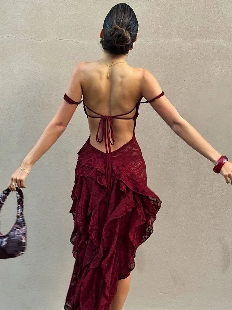 Irregular Tierred Dress Women Mesh Patchwork Slash Neck Lace-Up Backless Midnight Banquet Party Elegant Long Bodycon