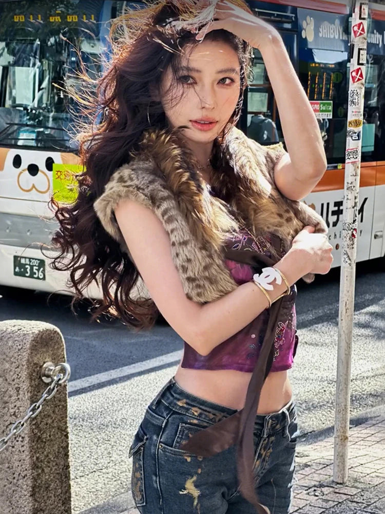 Leopard Print Furry Tank Tops Women Bandages Patchwork Sleeveless Autumn Sexy Trend  Midnight Wild Club Streetwear