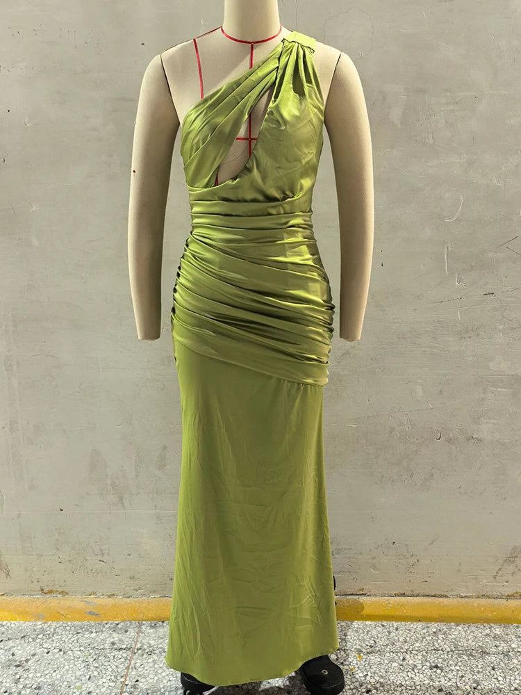 Satin One Shoulder Sexy Maxi Dress Women Elegant Diagonal Collar Cutout Ruched Bodycon Mermaid Long Evening Party Gown