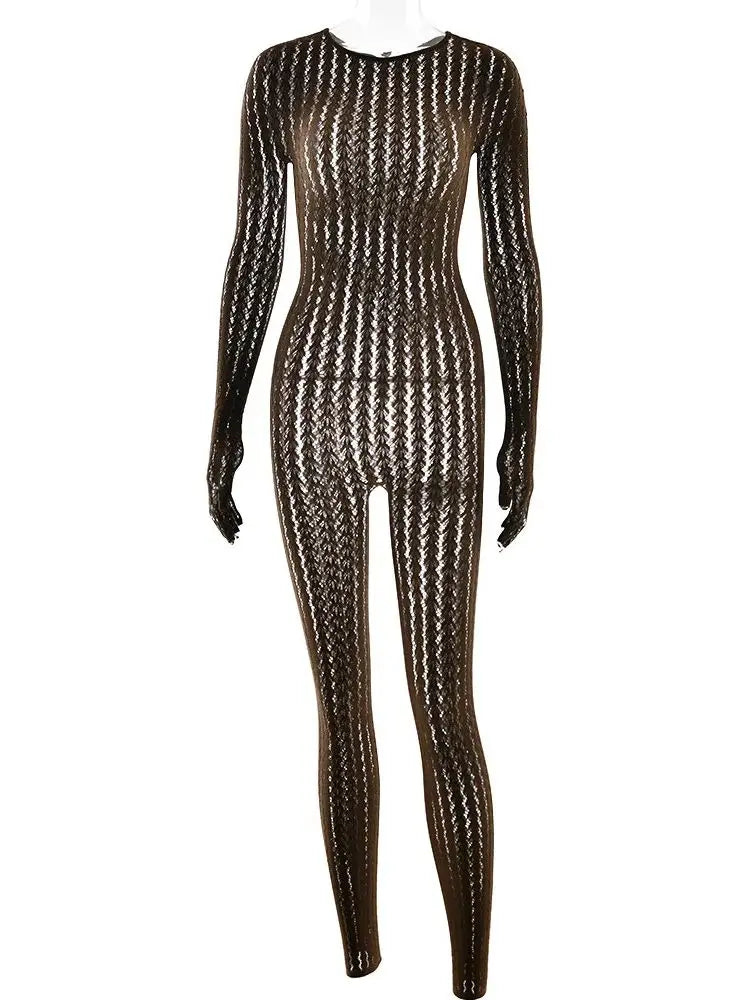 Sexy See Through Jumpsuit Women Coquette o-Neck Full Sleeve Stretch Hipster Skinny Fit 2026 Spring Clubwear Overalls