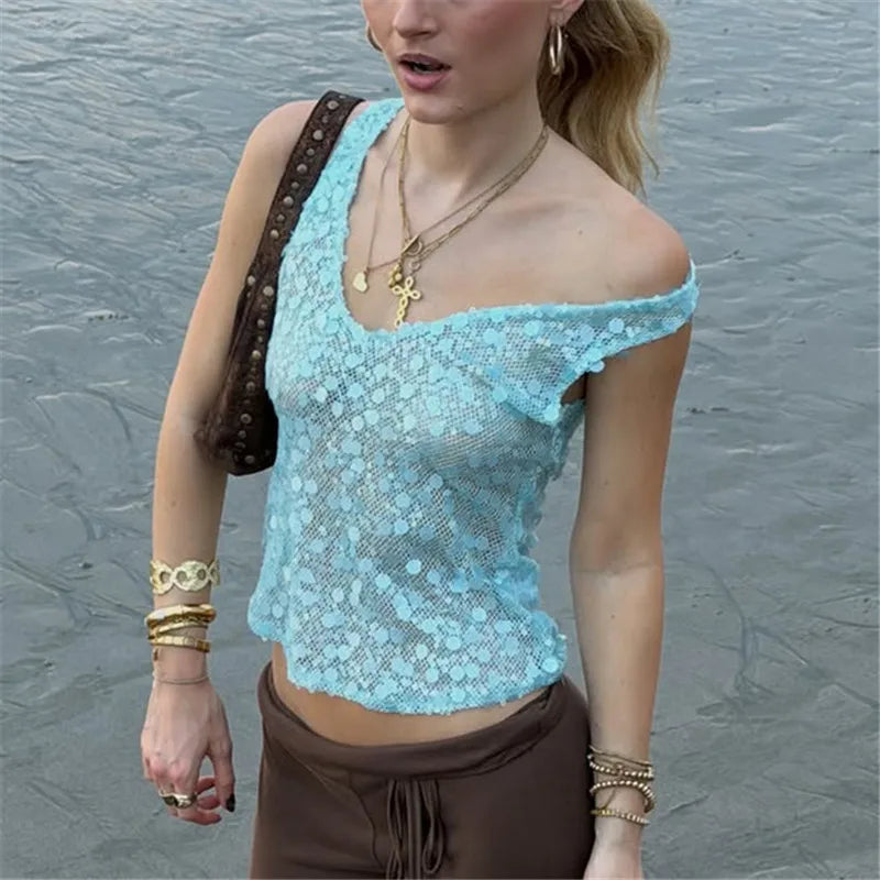 Women Y2K Sequin Mesh Tank Top V Neck Sleeveless See Through Cropped Cami Top Glitter Sequins Beach Party Clubwear