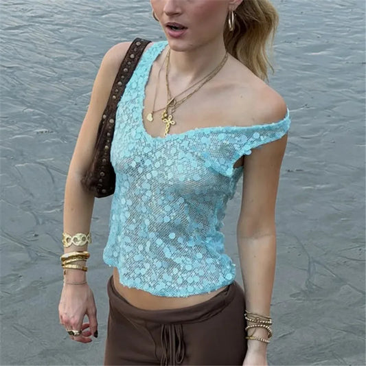 Women Y2K Sequin Mesh Tank Top V Neck Sleeveless See Through Cropped Cami Top Glitter Sequins Beach Party Clubwear