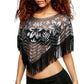 Women Sequin Mesh Fringe Poncho Top Floral Embroidered Sheer Net Cape Shawl Asymmetric Hem Crew Neck Party Club Cover Up