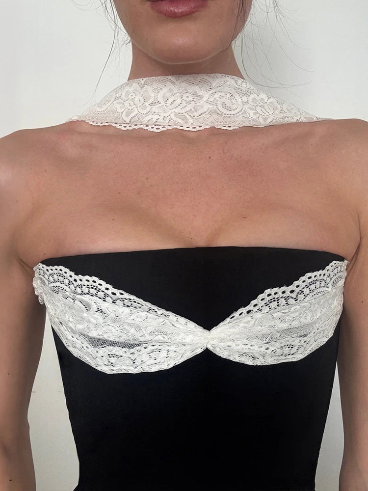 Halter Y2K Tank Top Women Patchwork Mesh Summer Trend Strapless Hollow Lace-Up Wild Beach Vacation Clubwear Camisole