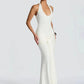 Halter Backless Sexy Maxi Dress Women Elegant V Neck Sleeveless Draped Ruched Bodycon Club Party Long Dress Female