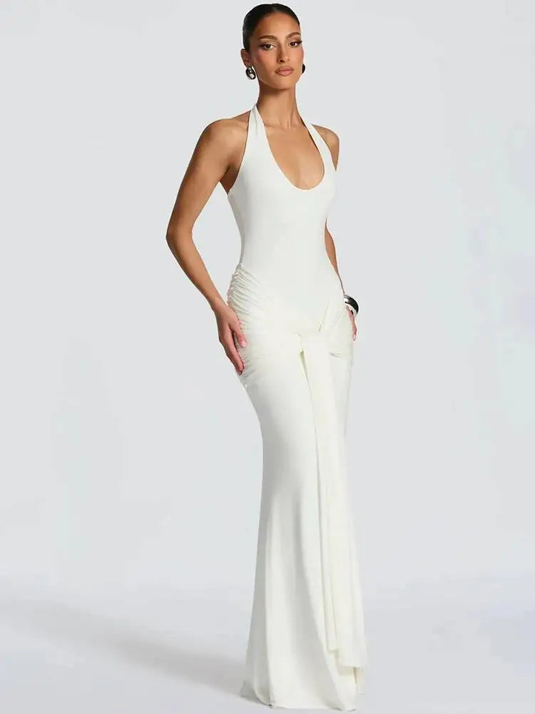 Halter Backless Sexy Maxi Dress Women Elegant V Neck Sleeveless Draped Ruched Bodycon Club Party Long Dress Female