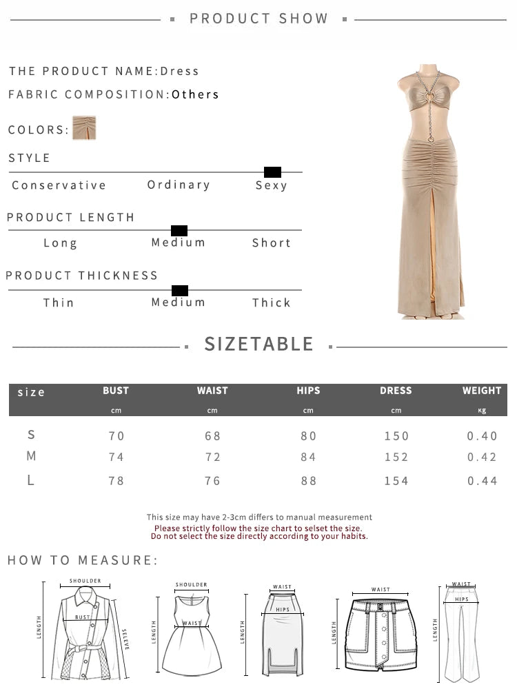 Pearl Metal ring Chain Halter Dress Women Fashion Backless Ruched Hollow High Sti