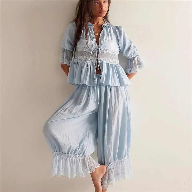 Women Lace Trim 2 Piece Pajamas Sets Y2k Bow Tie Front Short Sleeve Shirts + Ruffle Flared Lantern Pants Loungewear