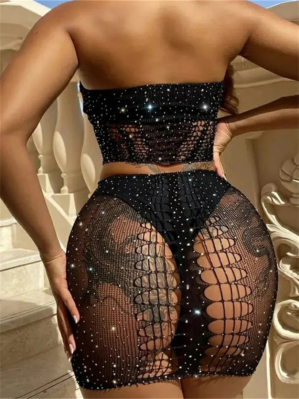 Sexy Summer Women 2 Piece Set Pearl Hollow See Through Midnight Coquette Strapless Tops+Skirts Matching Clubwear