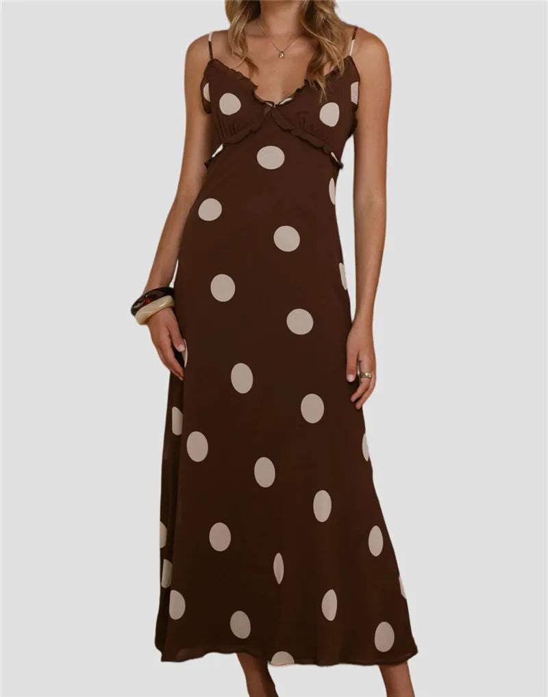 Women Summer Y2k Chiffon Maxi Dress V Neck Sleeveless Backless Polka Dot Print Ruffles Club Party Vacation Bodycon Dress