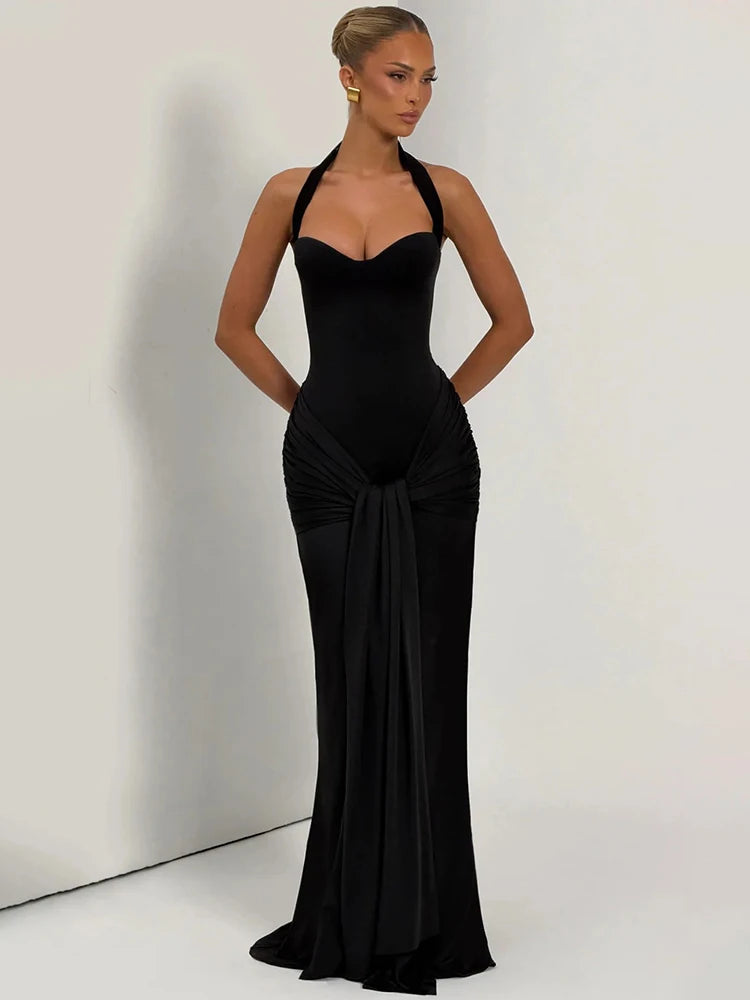 Women Halter Backless Sexy Maxi Dress Elegant Sleeveless Ruched Waist Draped Bodycon Club Party Evening Cocktail Dress