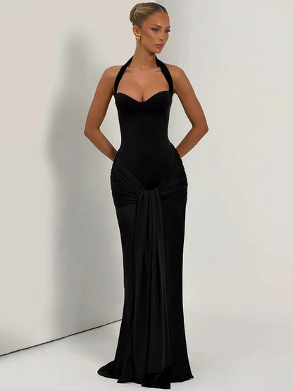 Women Halter Backless Sexy Maxi Dress Elegant Sleeveless Ruched Waist Draped Bodycon Club Party Evening Cocktail Dress