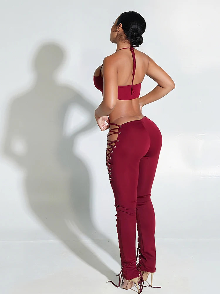 Sexy 2piece Set Women Hipster Halter Camisole+Shirring Hollow Pants Midnight Matching Stretch Clubwear Skinny Outfits