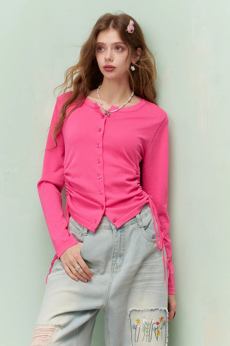 Fresh Girly Drawstring Waist Round Neck Fitted Knit Cardigan For Women