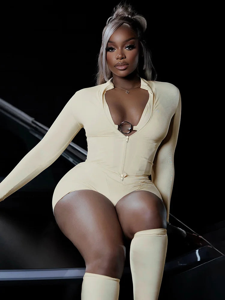 Sporty Style 3-Piece Set Women Zipper Full Sleeve Crop Tops+Simple Short+Elasticity Leg Sleeve Street Autumn Suit