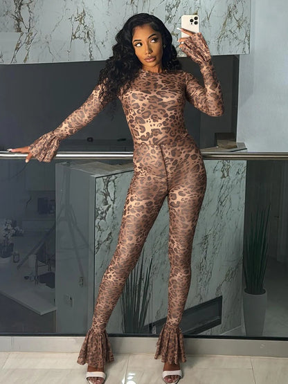 Leopard Print Flared Jumpsuit Women Sexy See Through o-Neck Full Sleeve Skinny Peach Hip Street Wild Style Overalls