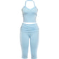 Trend Simple 2 Piece Set Women Fashion Haler Backless Low-Neck Tank Top+Ruched Patchwork Capri  Pants Street Suits
