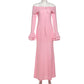 Pink Maxi Dresses Woman Elegant Clothes Fall 2025 Off Shoulder Flare Sleeve Long Dress