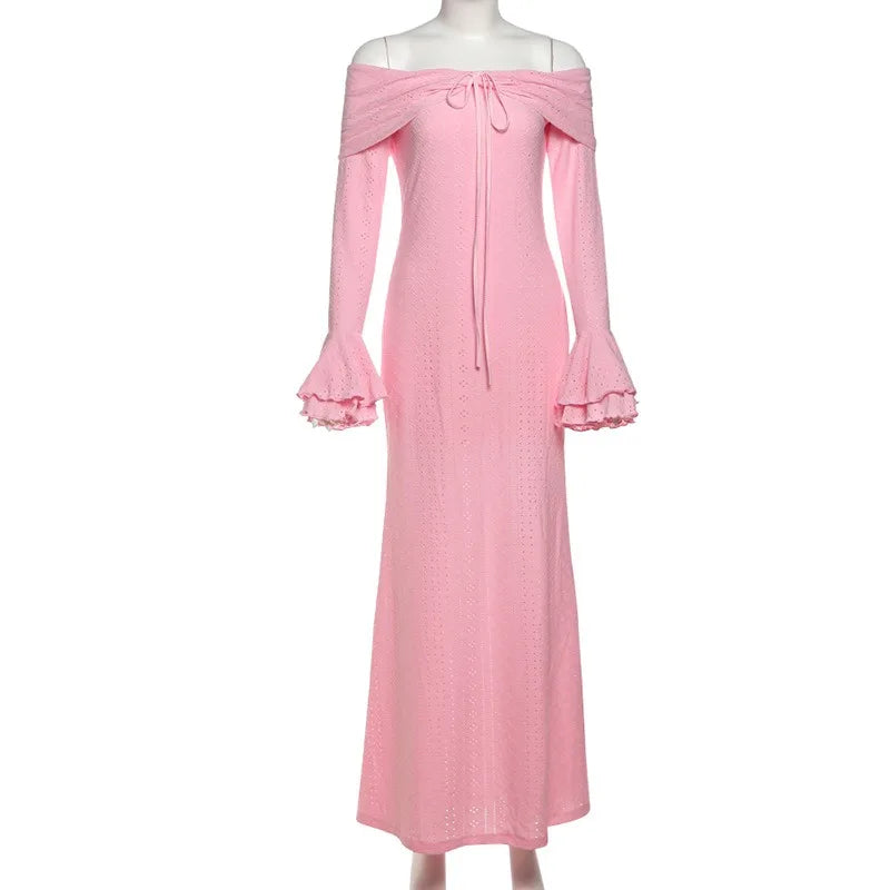 Pink Maxi Dresses Woman Elegant Clothes Fall 2025 Off Shoulder Flare Sleeve Long Dress